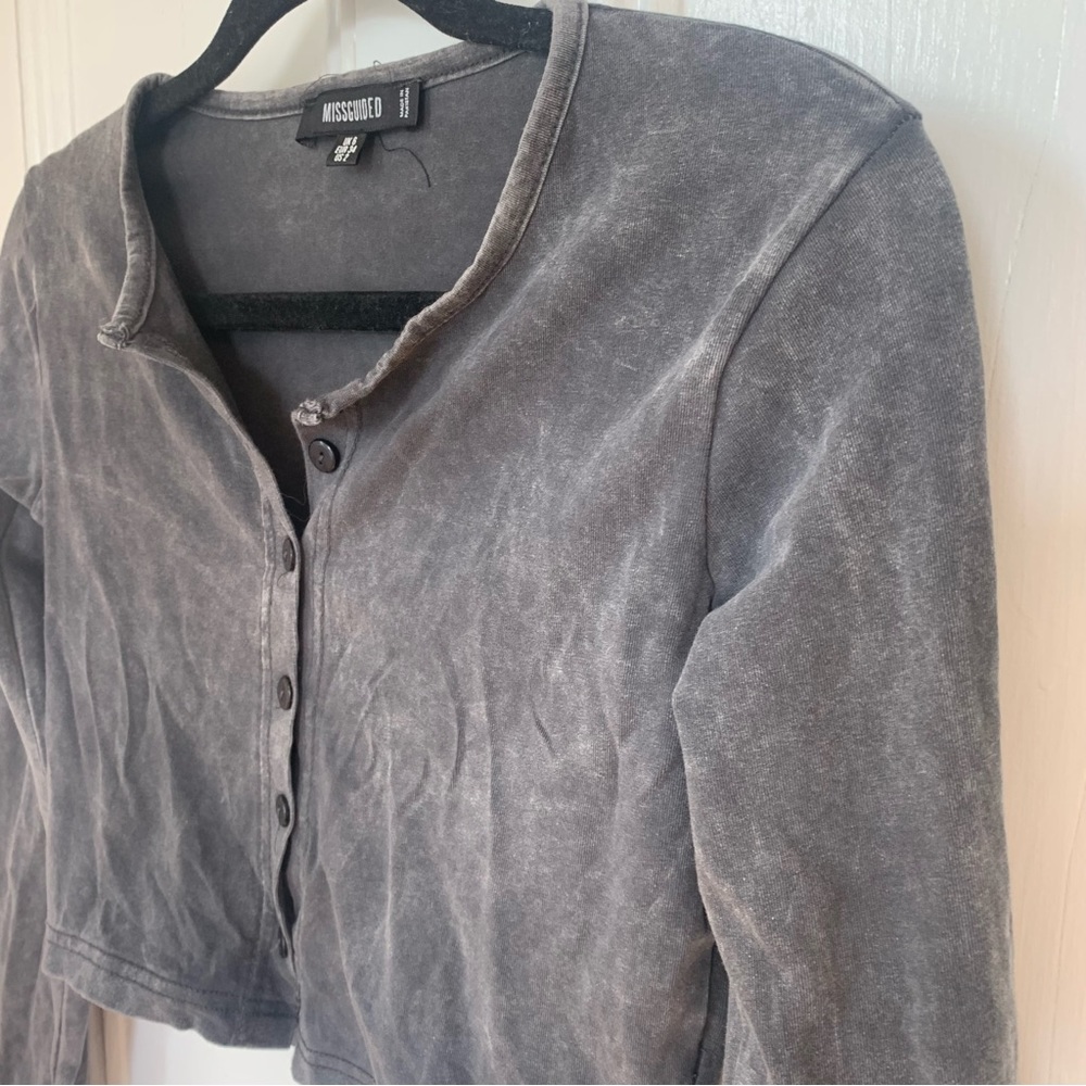Missguided Mineral Wash Dark Gray Button Up Cropped Long Sleeve - Picture 16 of 16